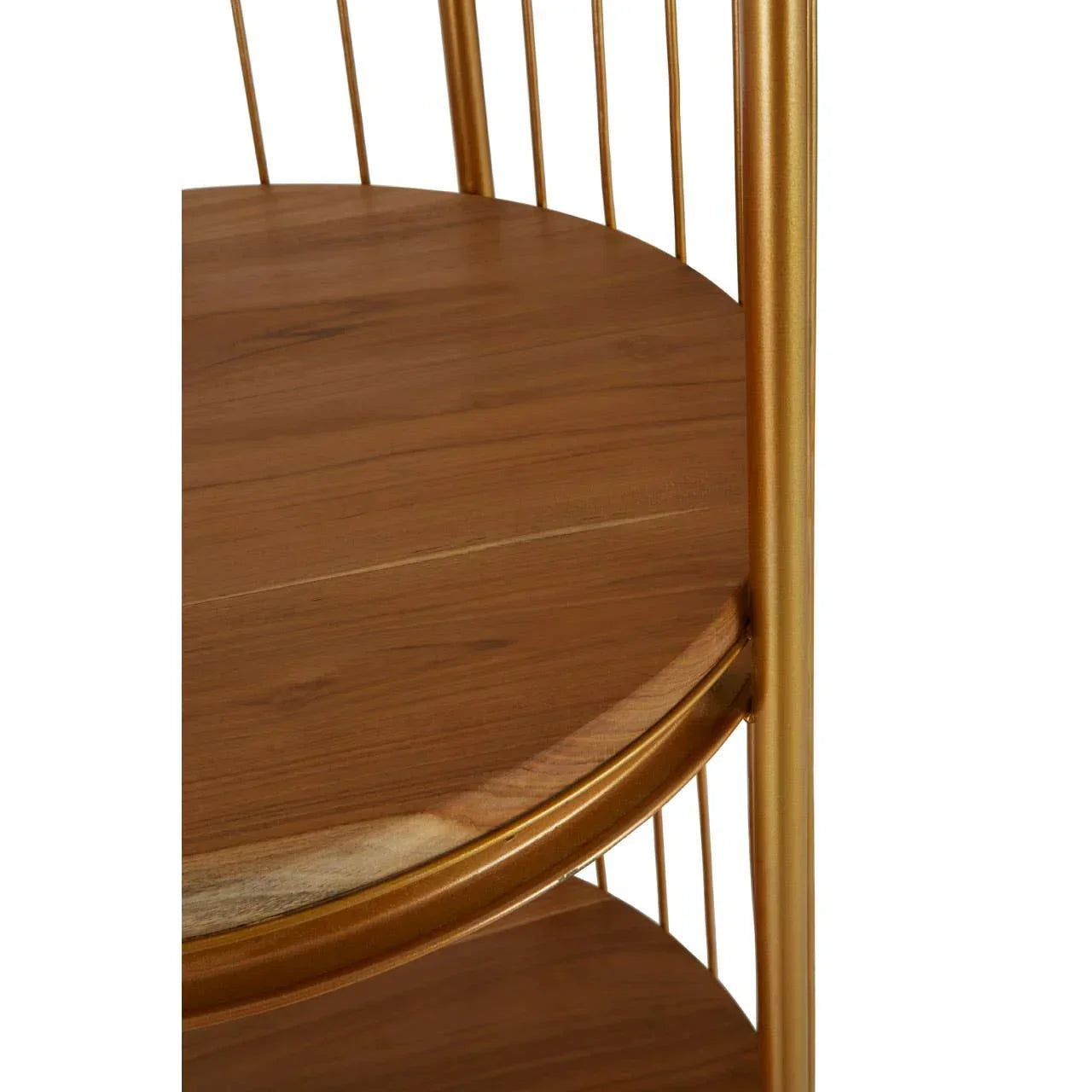 Round wooden shelf with gold metal frame and vertical bars, close-up view