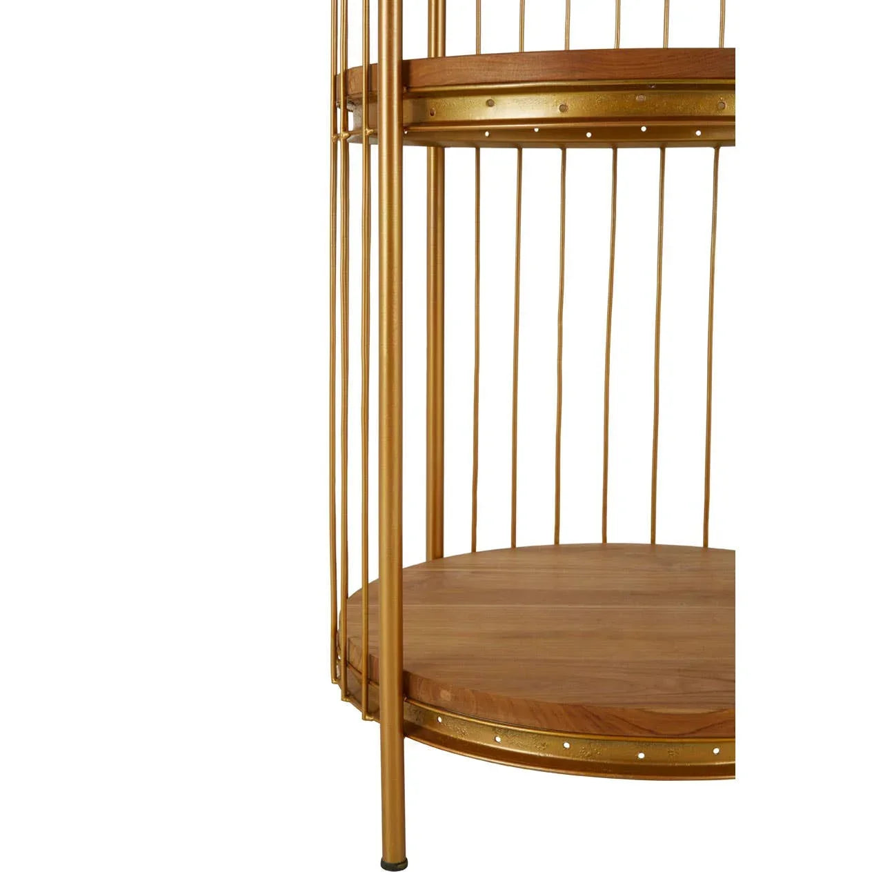 Gold metal and wood shelving unit closeup showing two circular shelves and vertical bars