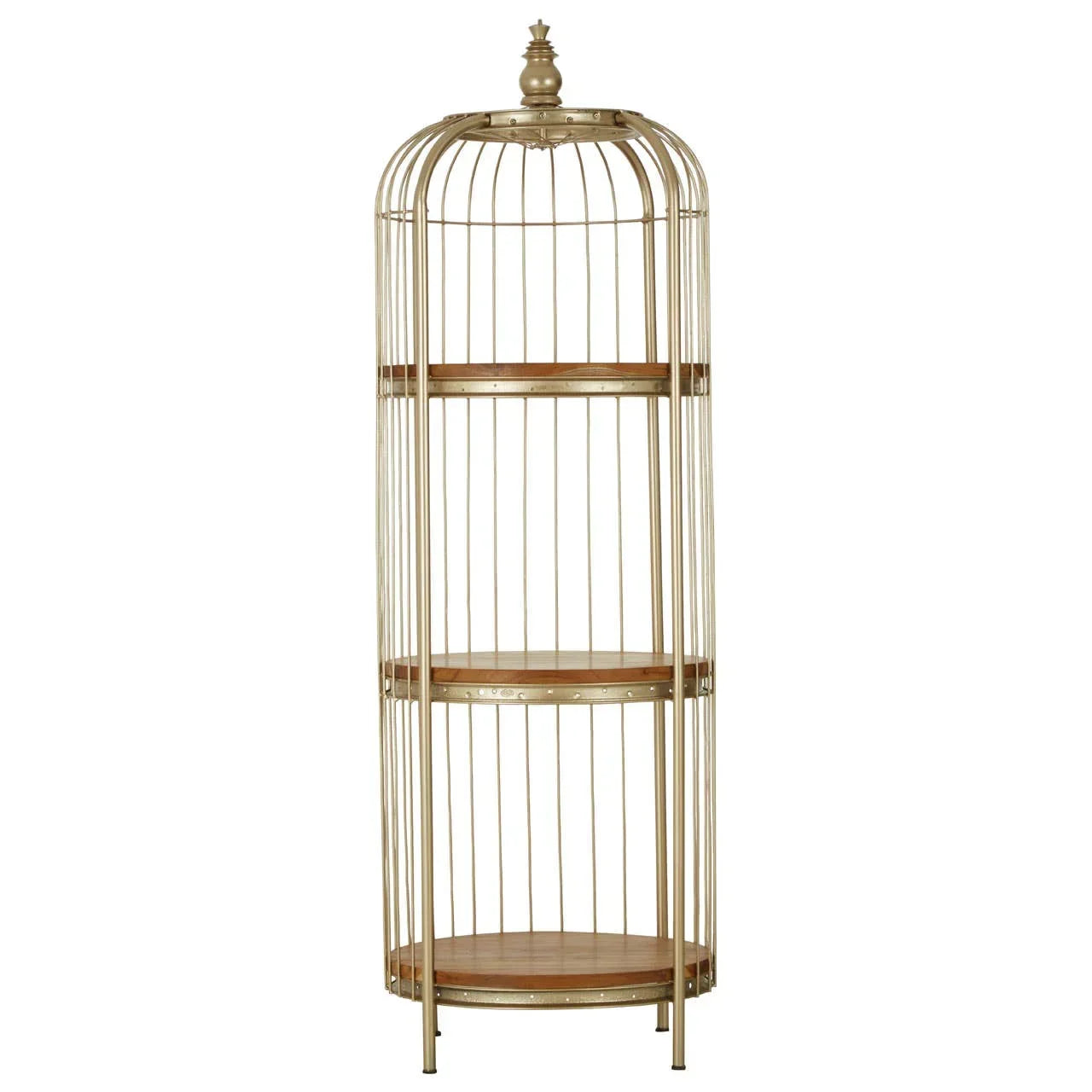 Gold metal birdcage shelving unit with three round wooden shelves, freestanding design