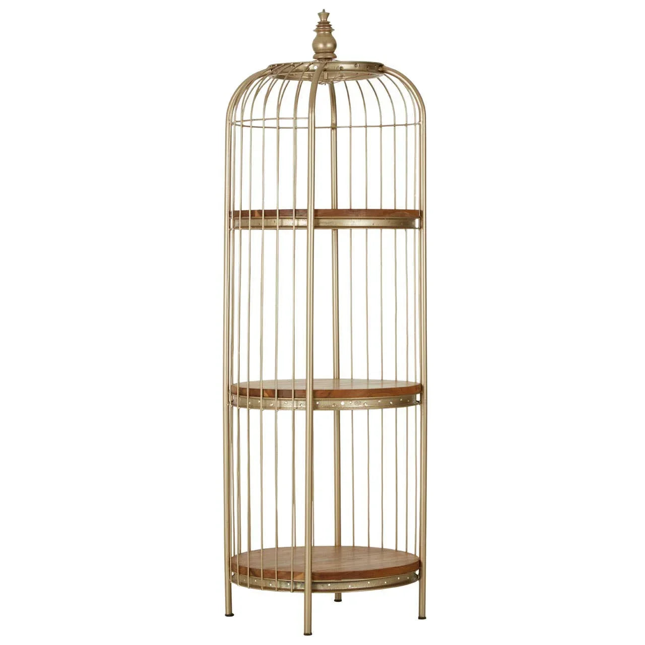 Tall gold metal shelving unit with three round wooden shelves and birdcage design