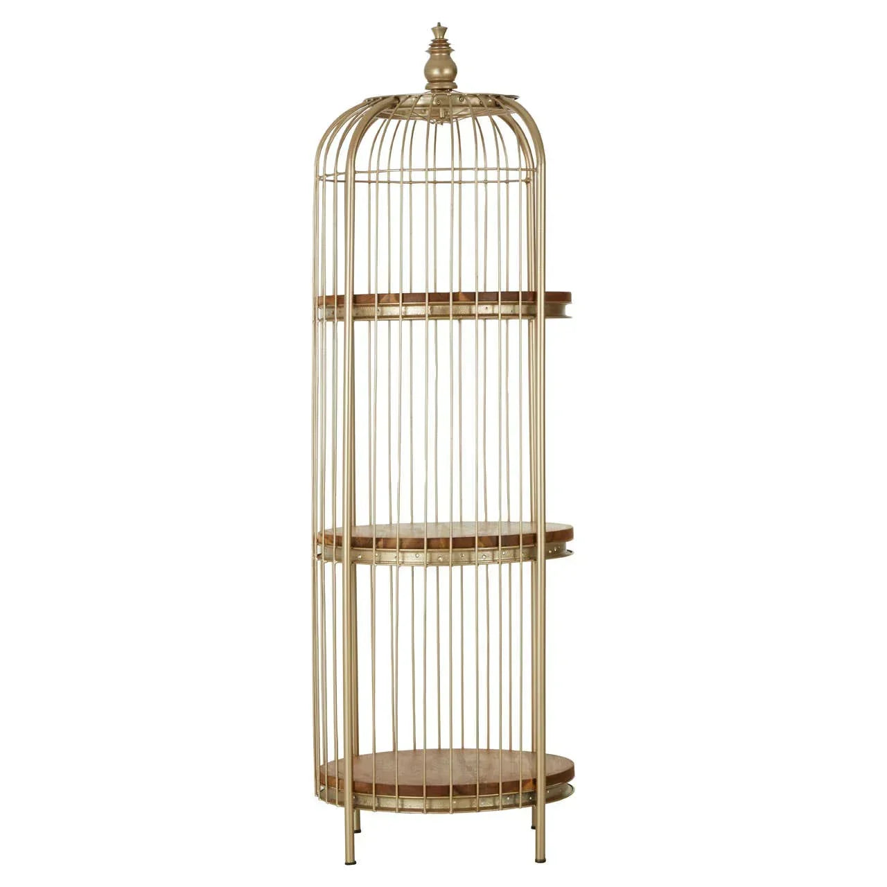 Gold metal shelving unit with three round wooden shelves, birdcage design, tall standing