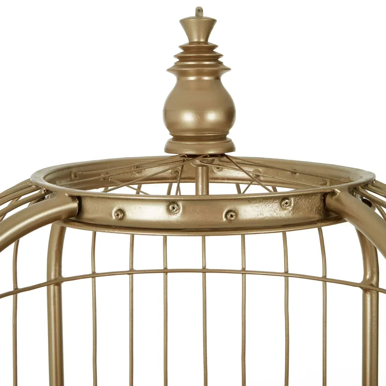 Gold metal birdcage top with decorative finial and round frame detail