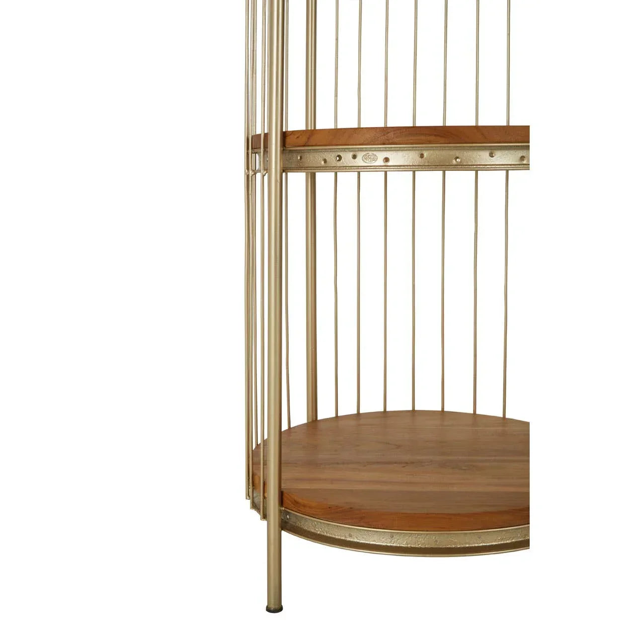 Gold metal and wood shelving unit closeup showing round shelf and vertical supports
