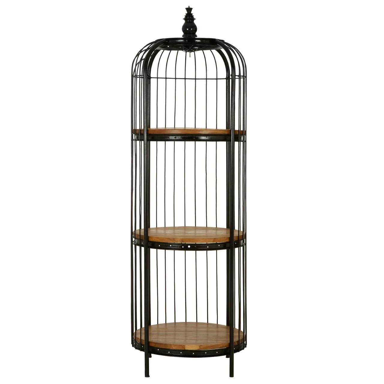 Black metal cage shelving unit with three round wooden shelves and decorative top finial