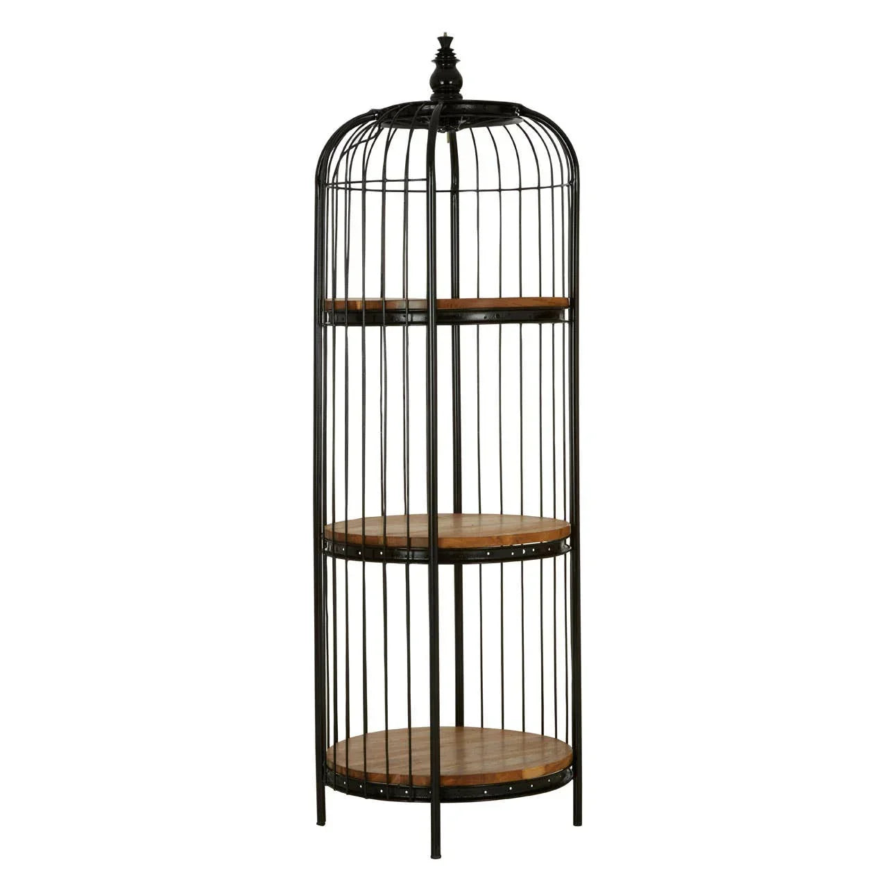 Tall black metal shelf unit with three round wooden shelves, open cage design