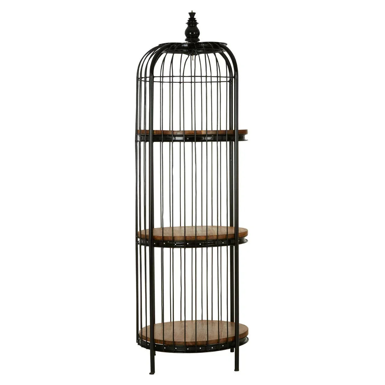 Industrial metal display shelf with three round wooden tiers and cage-style frame