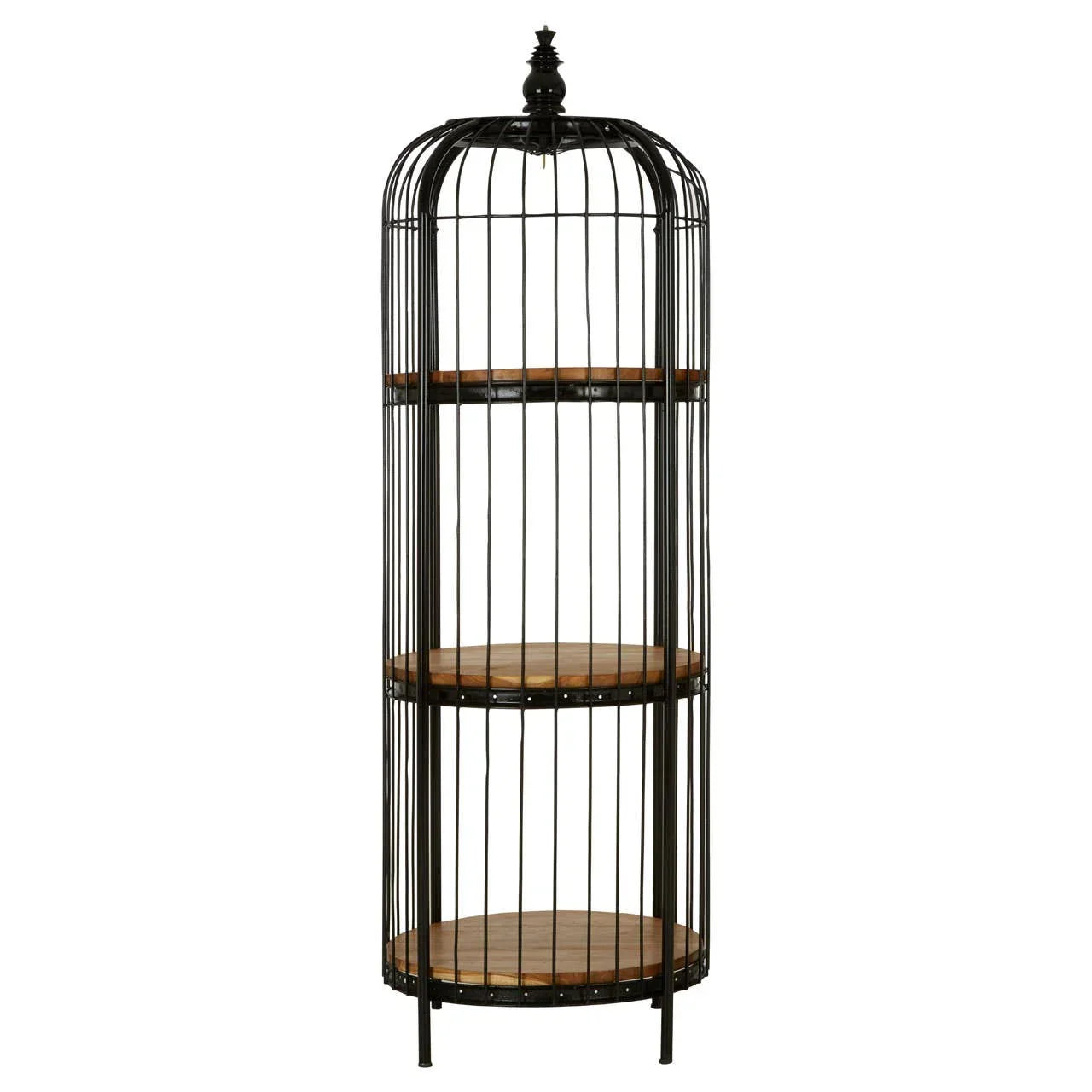 Black metal cage shelving unit with three round wooden shelves, vertical standing design