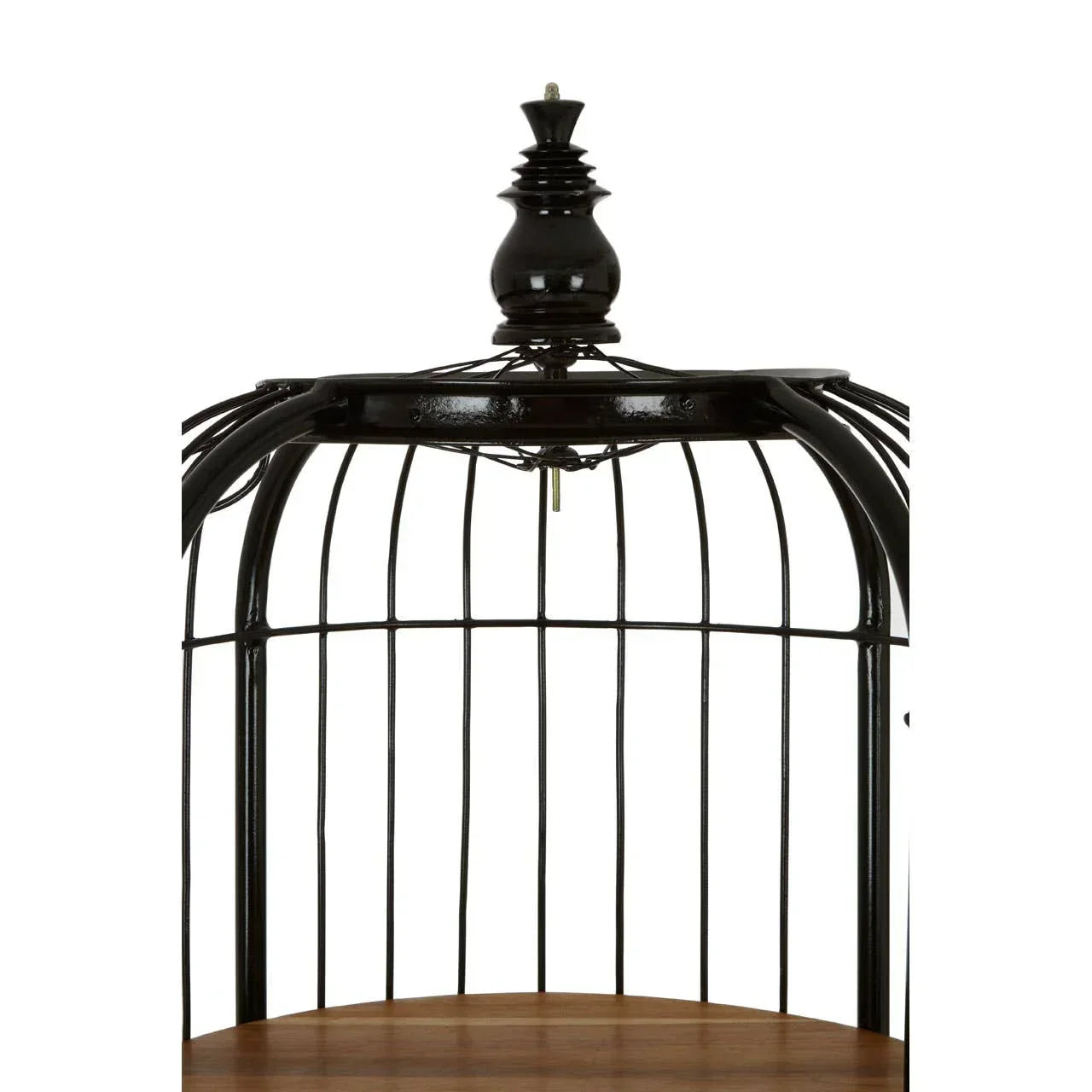 Black metal round cage side table with wooden top, close-up of upper detail