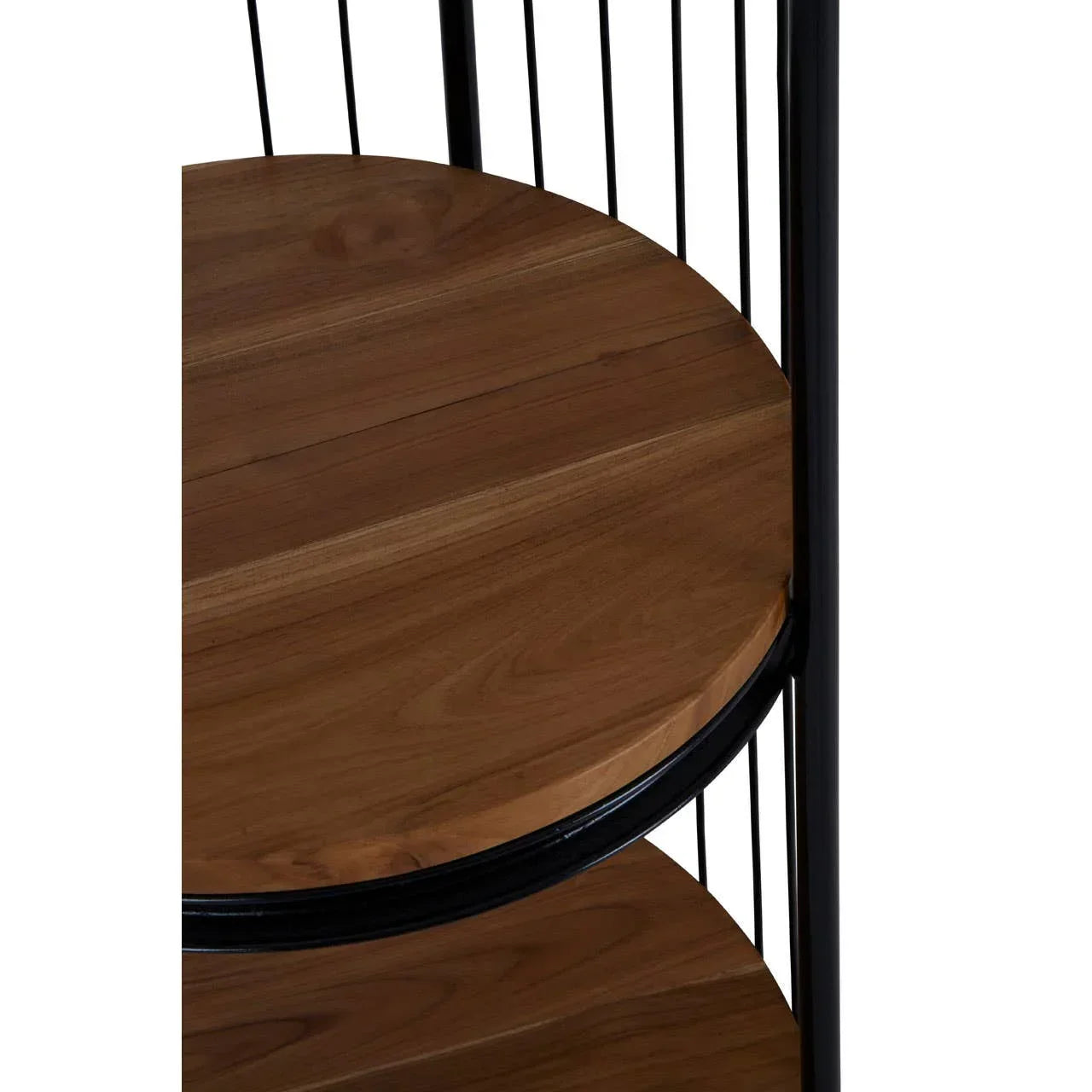 Close view round wooden shelving with black metal frame, modern furniture detail