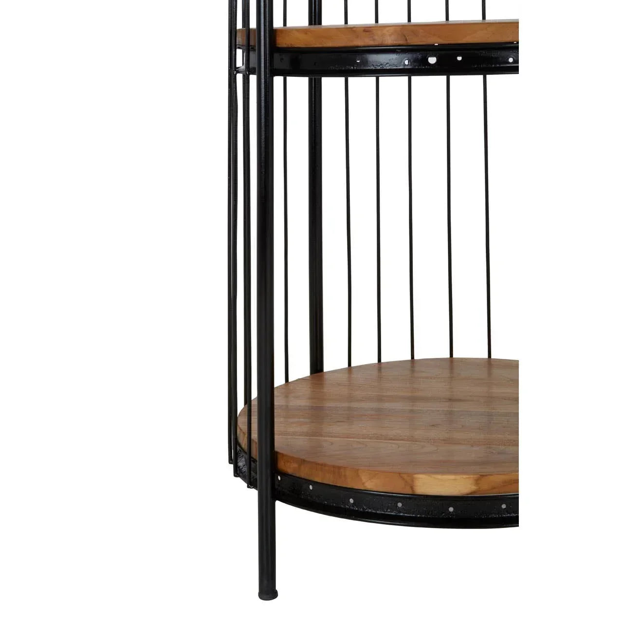 Round wooden shelf with black metal frame and vertical bars, close-up of lower section