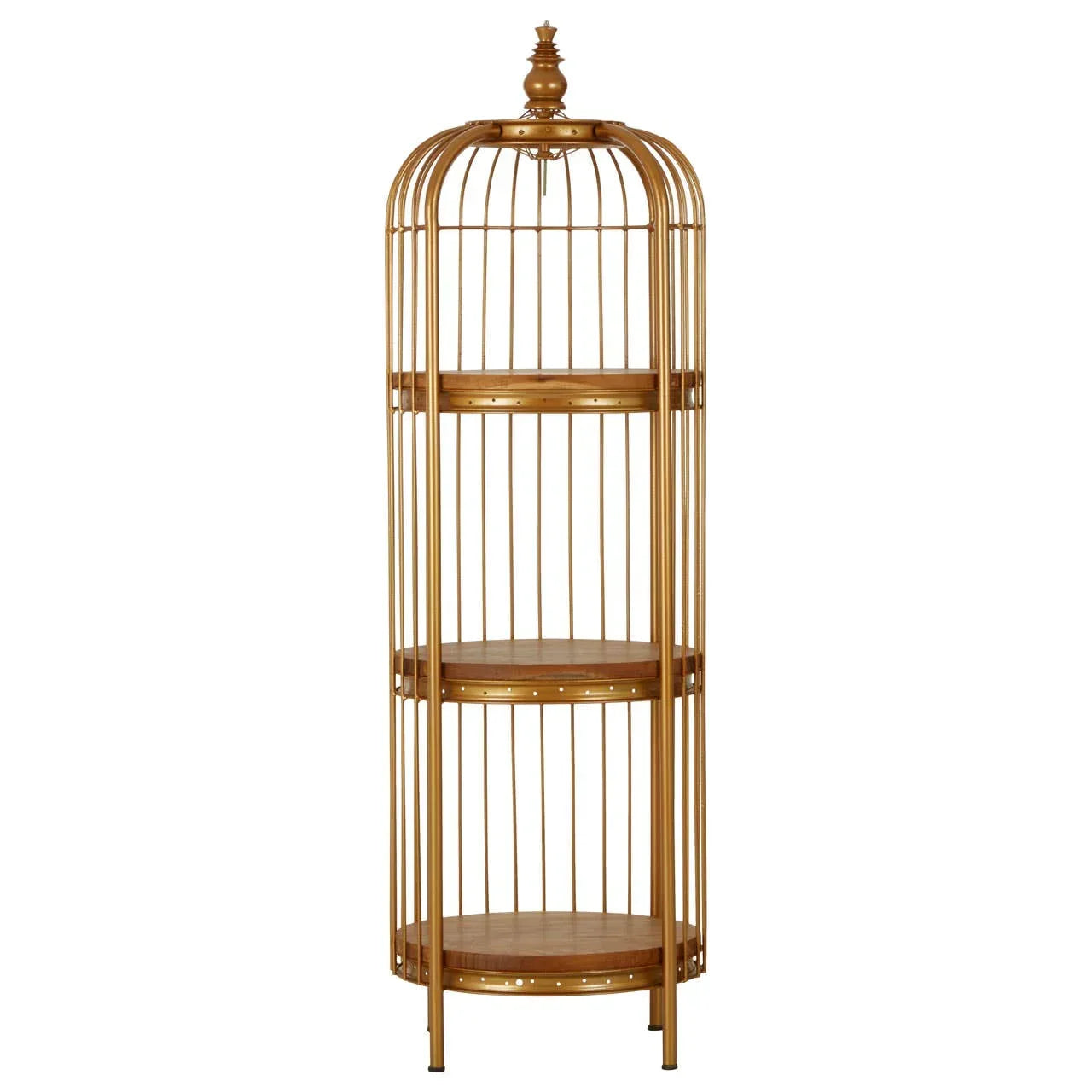Gold metal display shelf unit with three round wooden shelves and cage-style frame