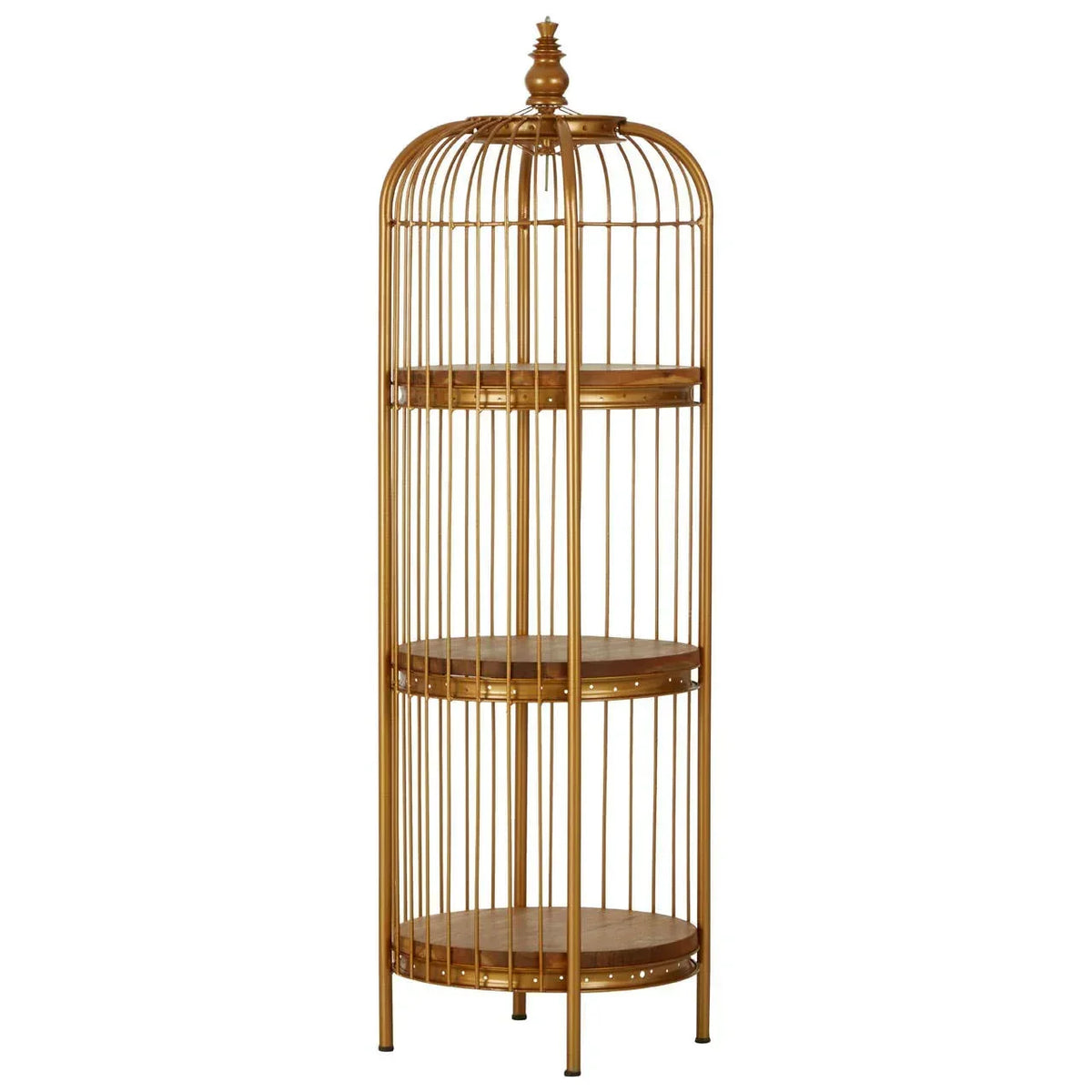 Gold metal shelving unit with three round wooden shelves and birdcage design