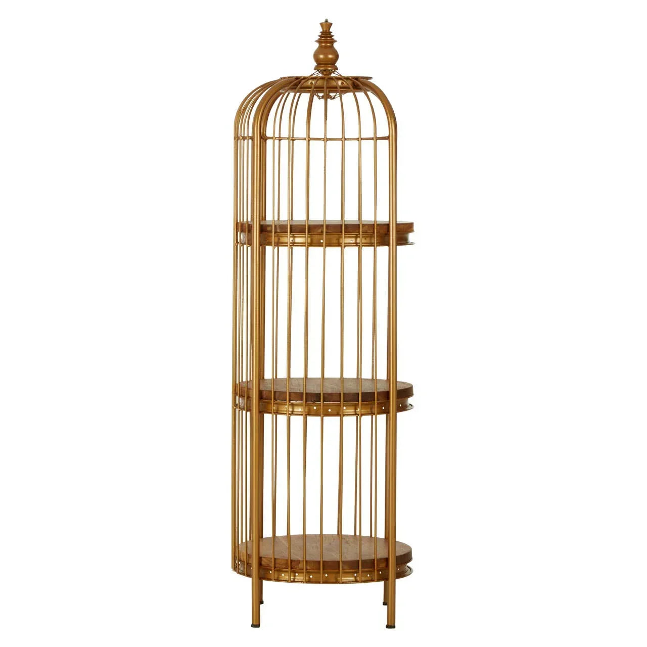 Gold metal display shelf unit with three round wooden shelves and decorative top finial