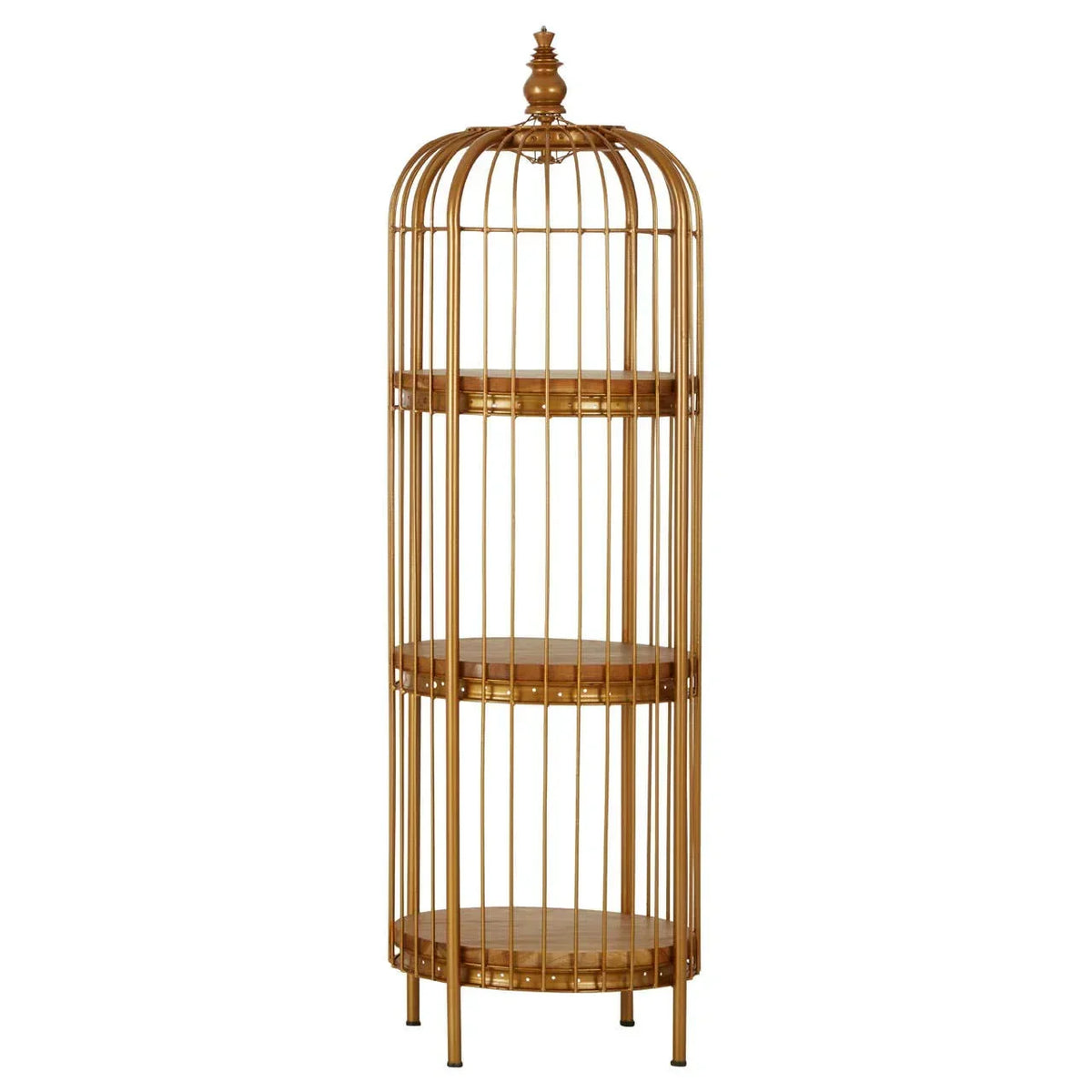 Gold metal display shelf with three round wooden tiers and dome top, standing upright