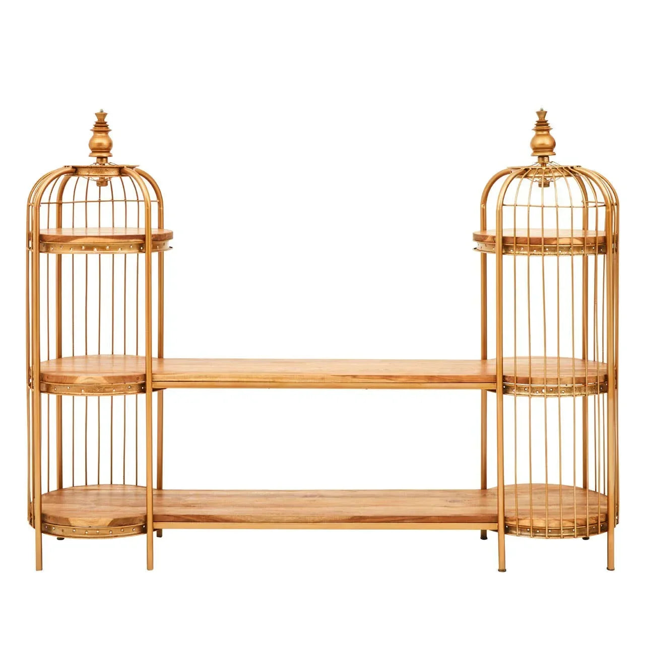 Gold metal and wood shelving unit with decorative cage-style ends, three tier storage design
