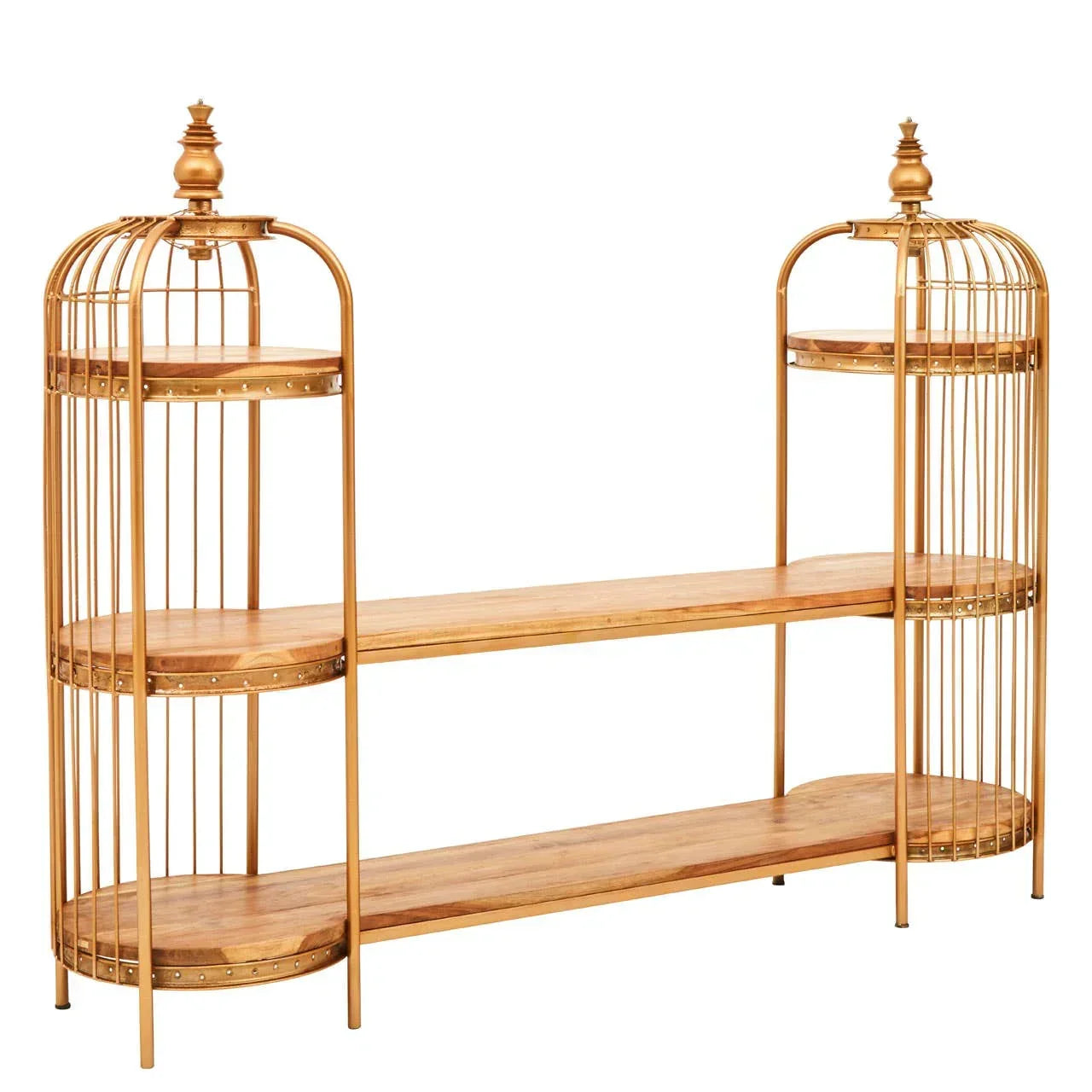 Gold metal and wood shelving unit with three open shelves and decorative finials