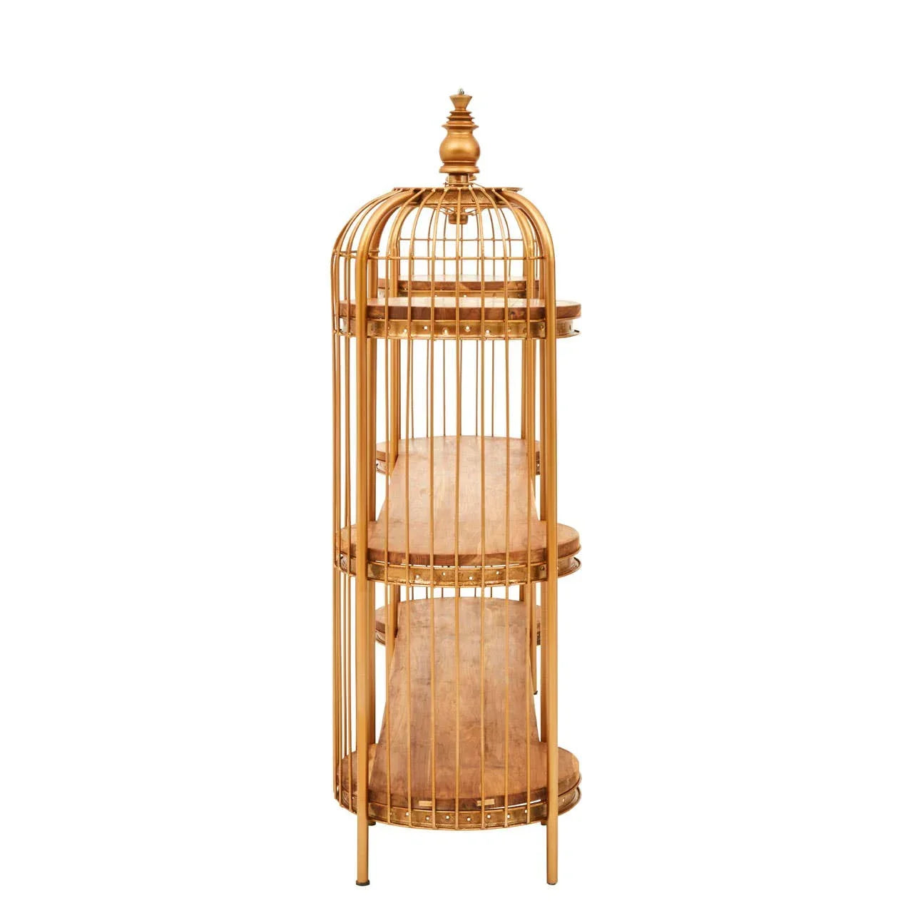 Gold metal shelving unit with three wooden shelves and decorative finial top