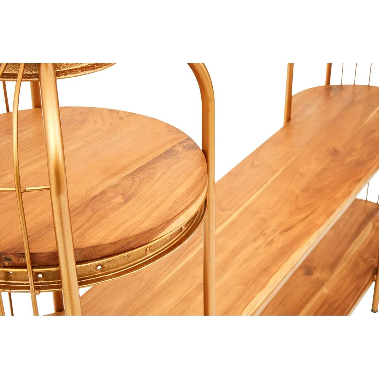 Close-up of gold metal frame with wooden shelves on a modern shelving unit