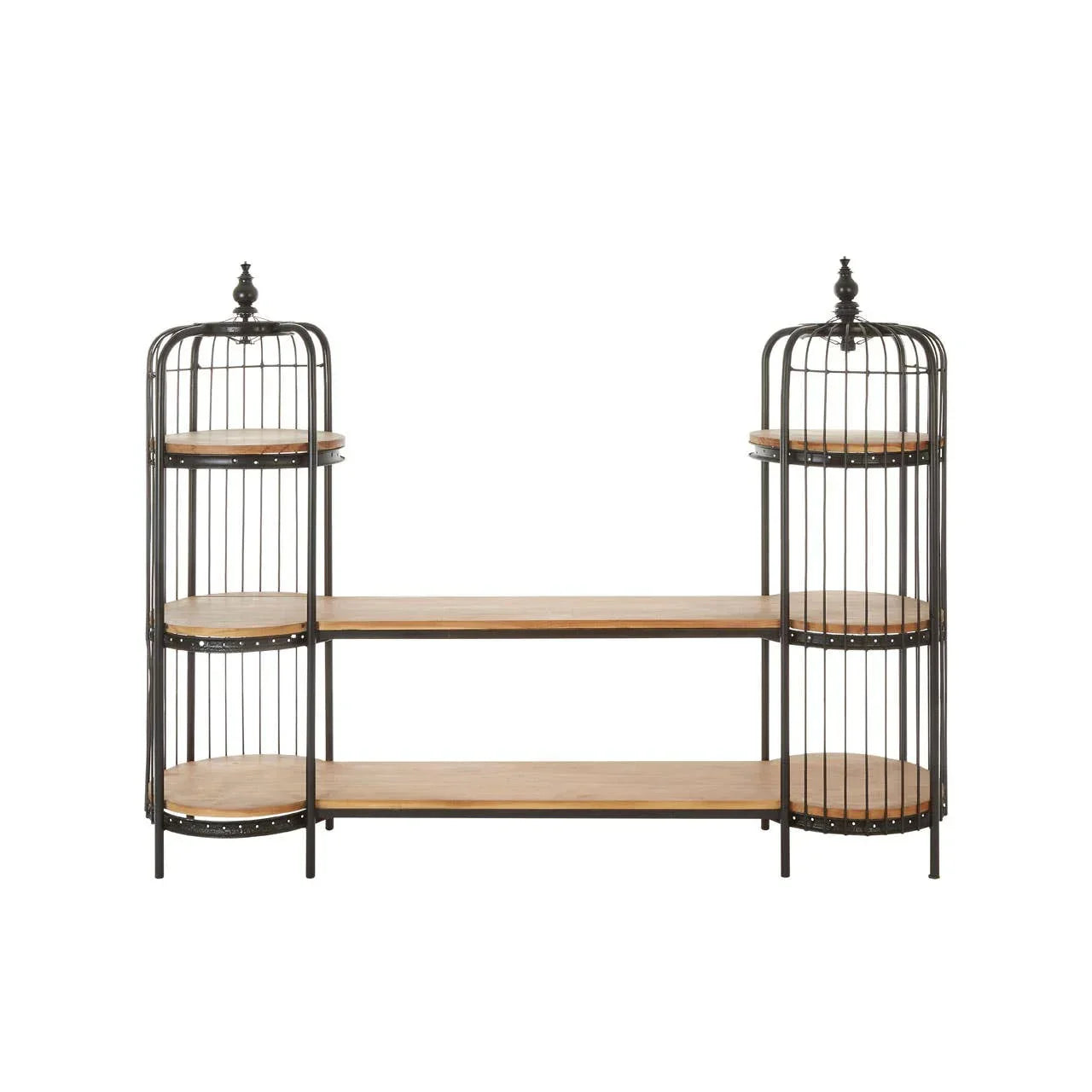 Industrial style shelving unit with black metal frame and three wooden shelves