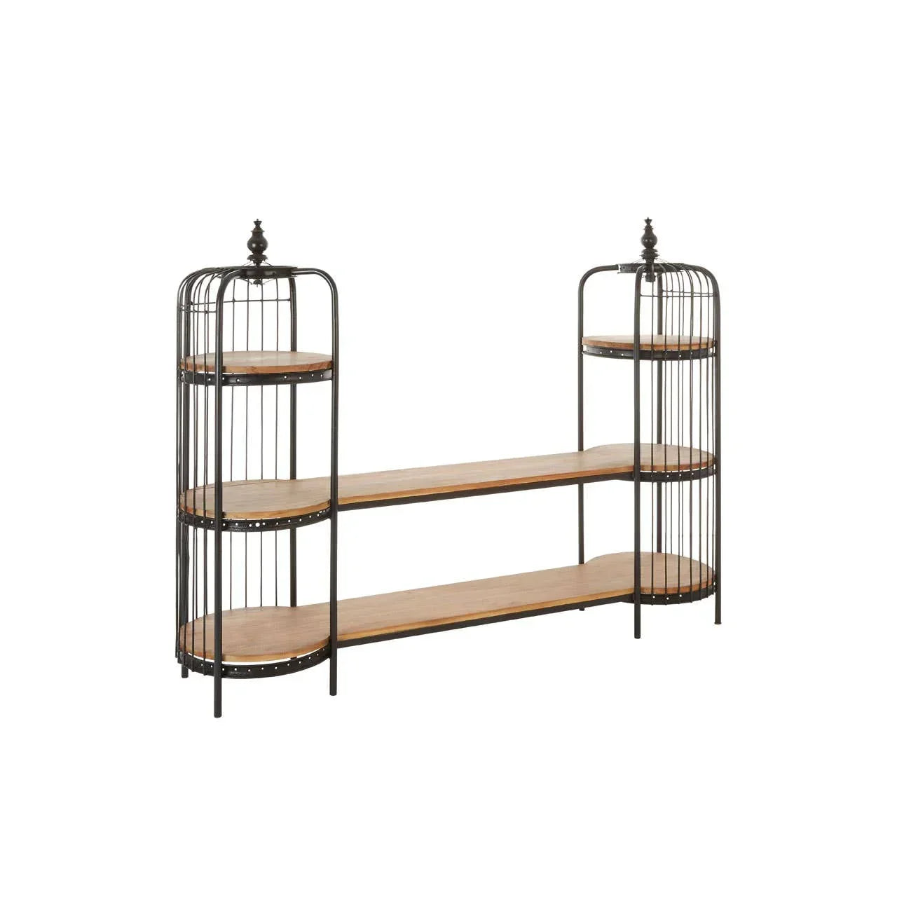 Industrial shelving unit with black metal frame and three wooden shelves, decorative finials