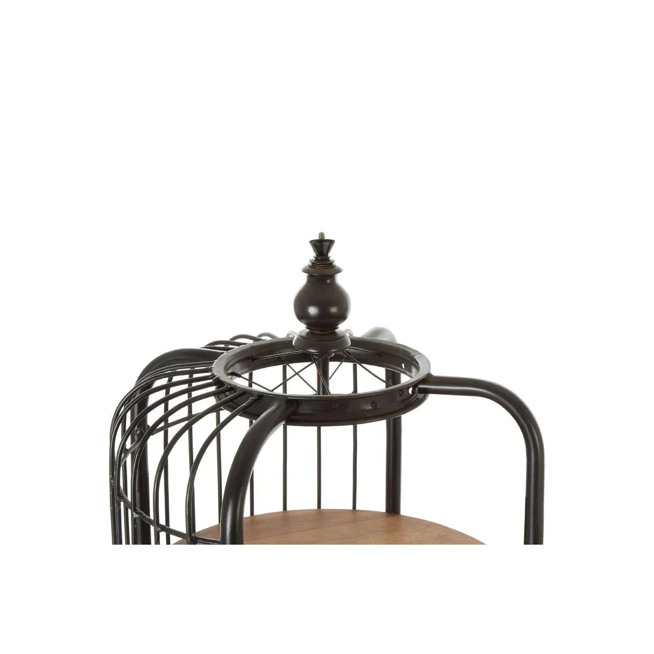 Black metal storage shelf with wooden base, decorative finial detail on top section