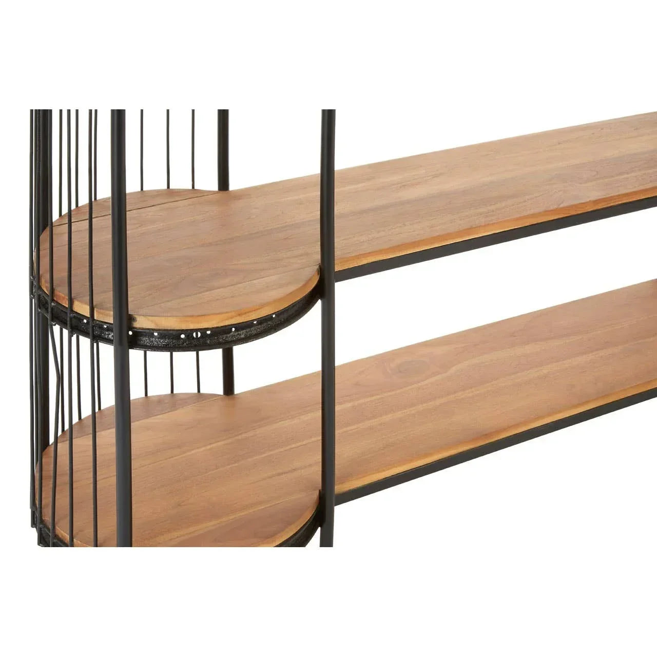 Close up of wooden shelving unit with black metal frame and rounded shelf edges