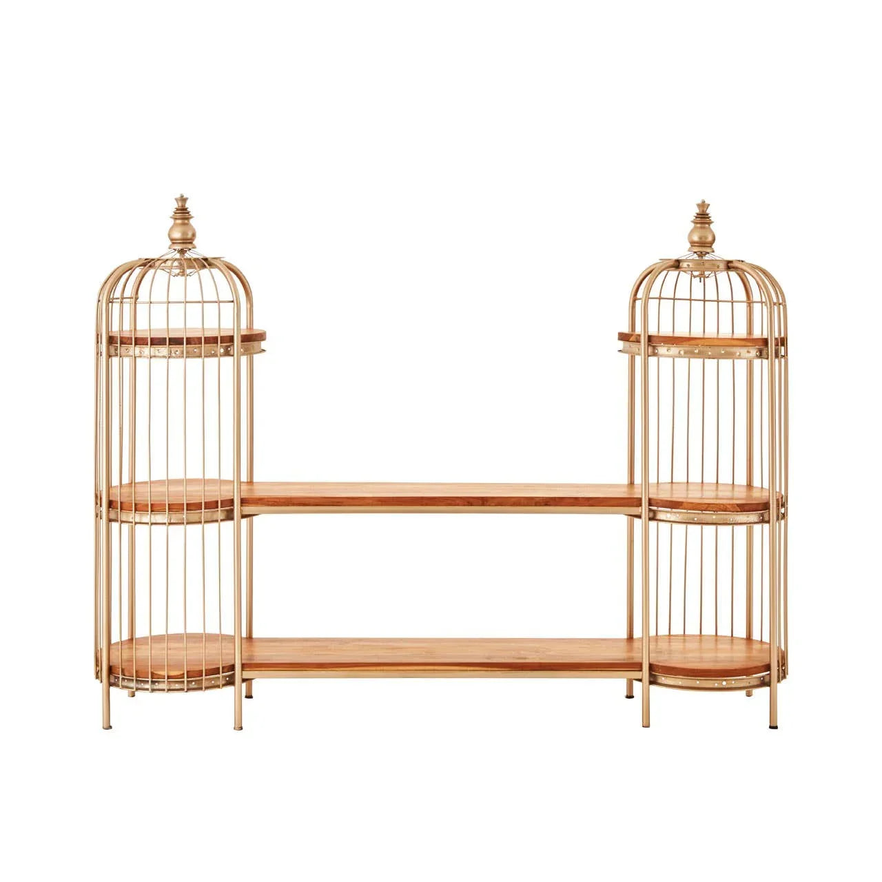 Gold and wood shelving unit with birdcage ends and three open tiers