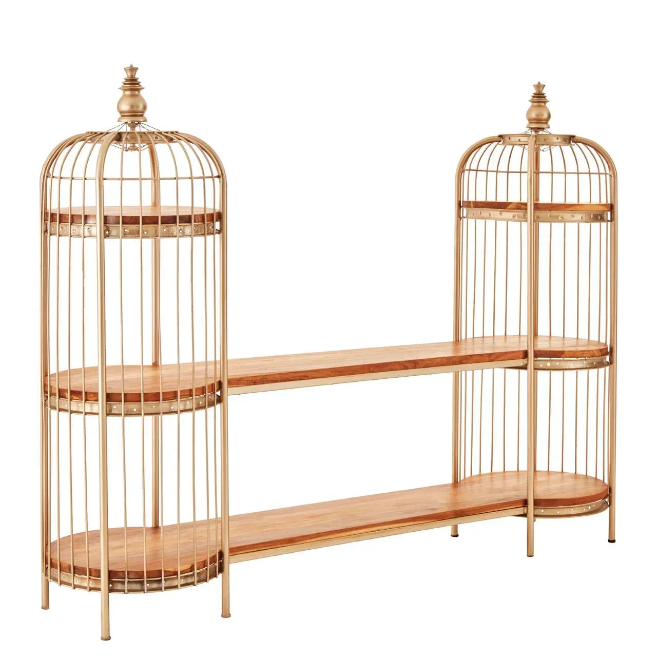 Gold metal and wood shelving unit with birdcage design, two-tiered storage shelves