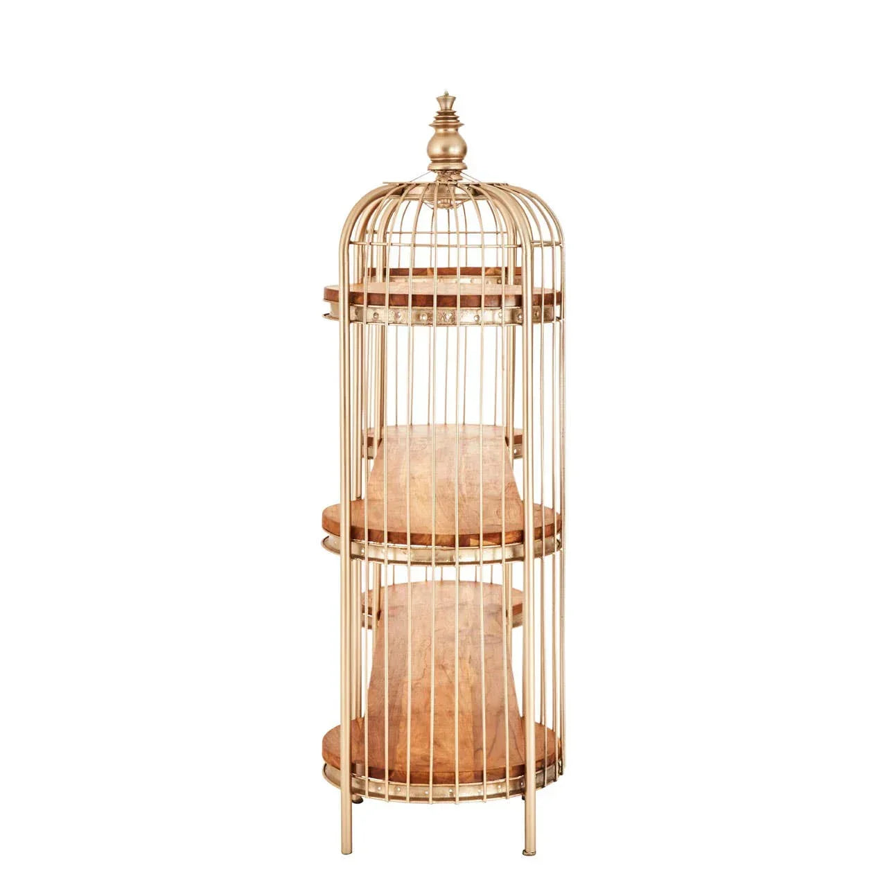 Gold metal display shelf with two round wooden tiers and vertical bars