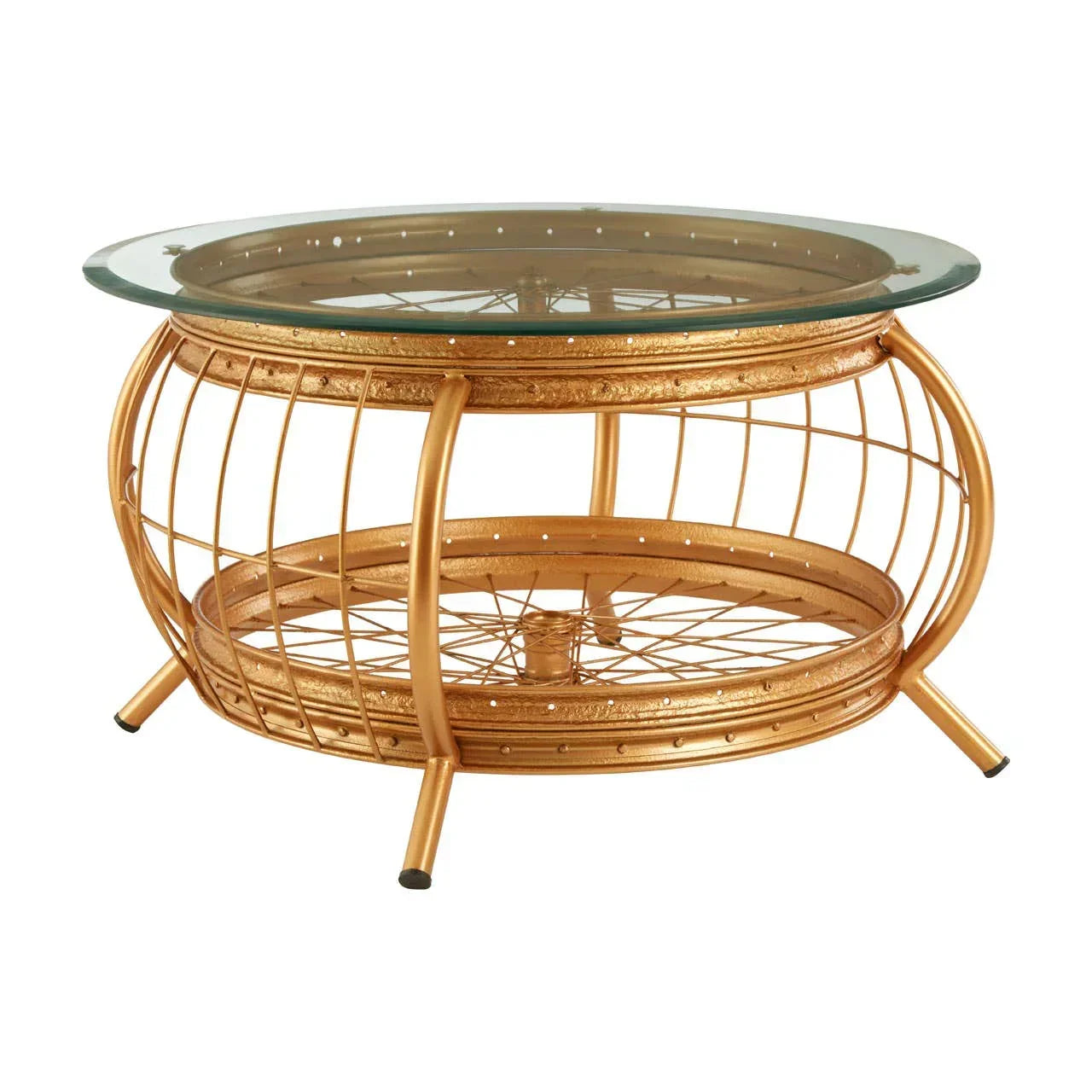 Round gold metal coffee table with glass top and open wire shelf