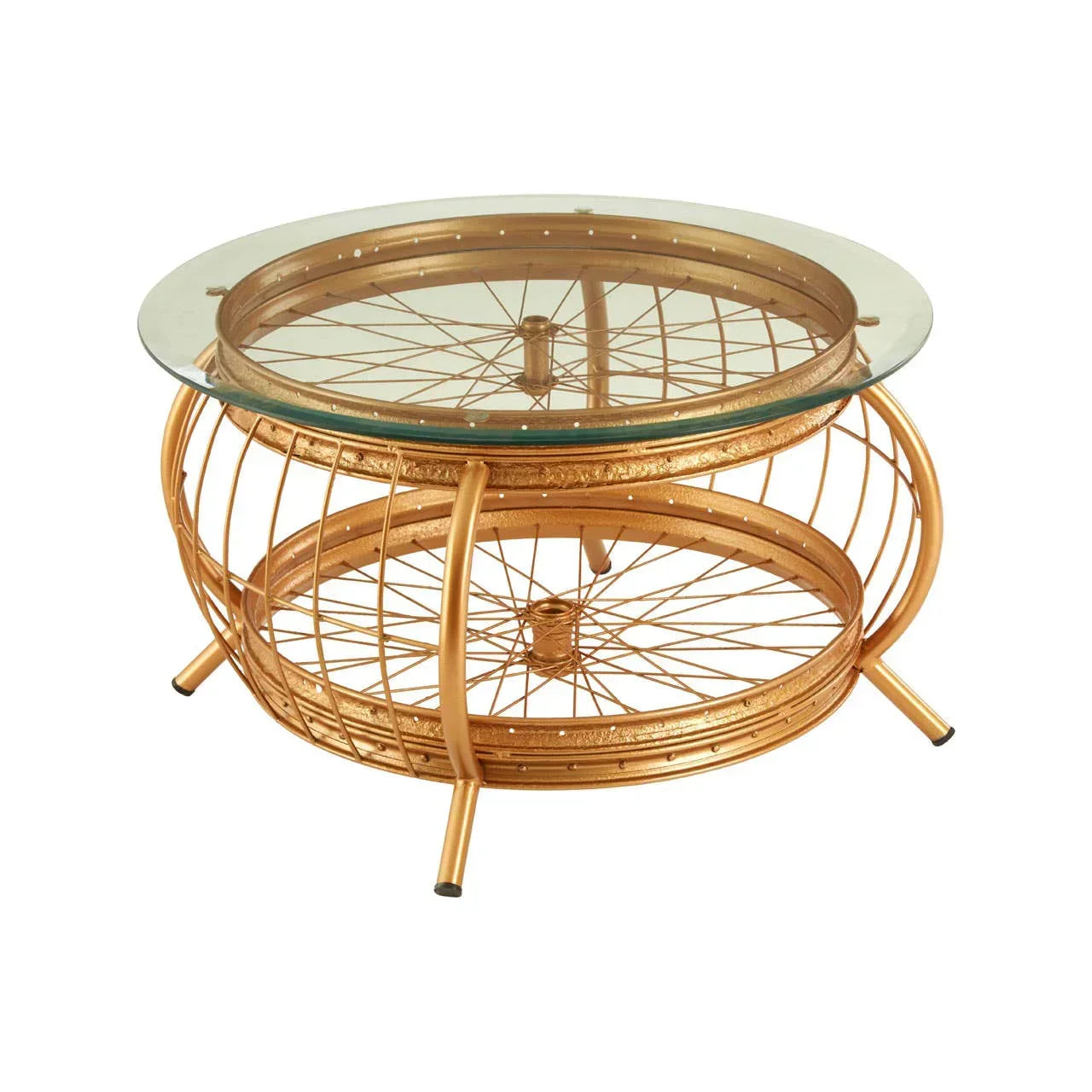 Round glass top coffee table with gold metal bicycle wheel frame and lower shelf