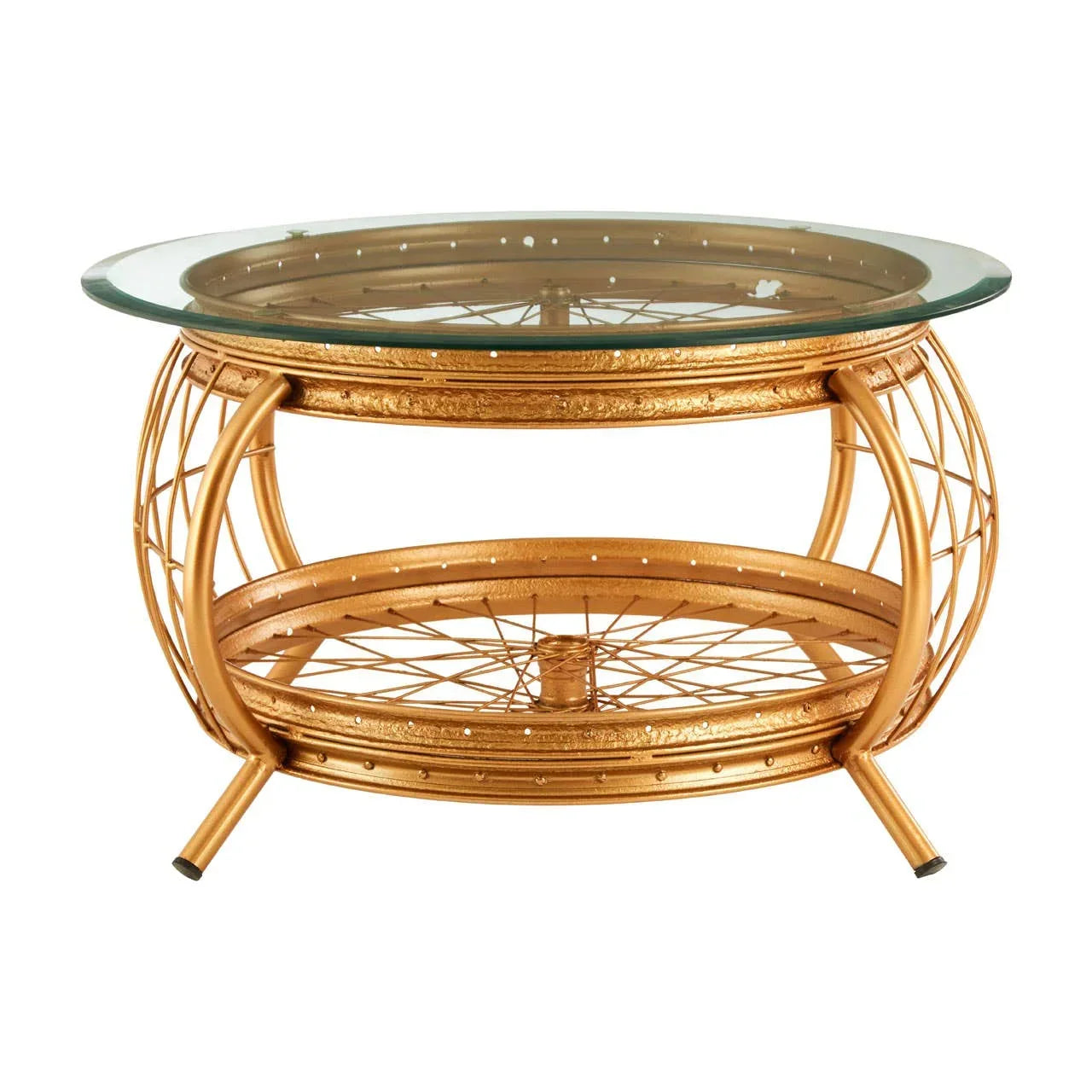 Round gold metal coffee table with clear glass top and lower shelf