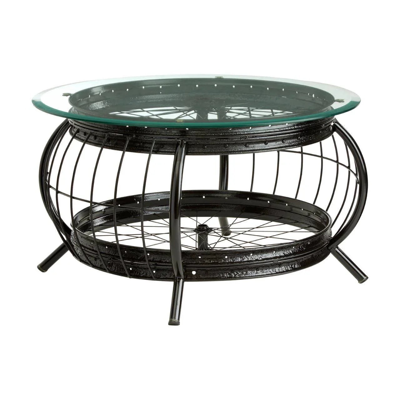 Round black metal coffee table with glass top and lower wire shelf