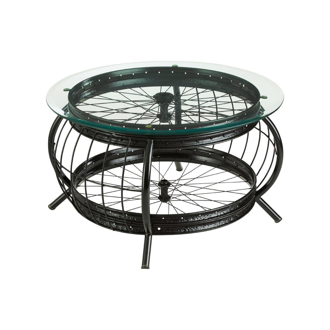 Industrial coffee table with glass top and black metal bicycle wheel base