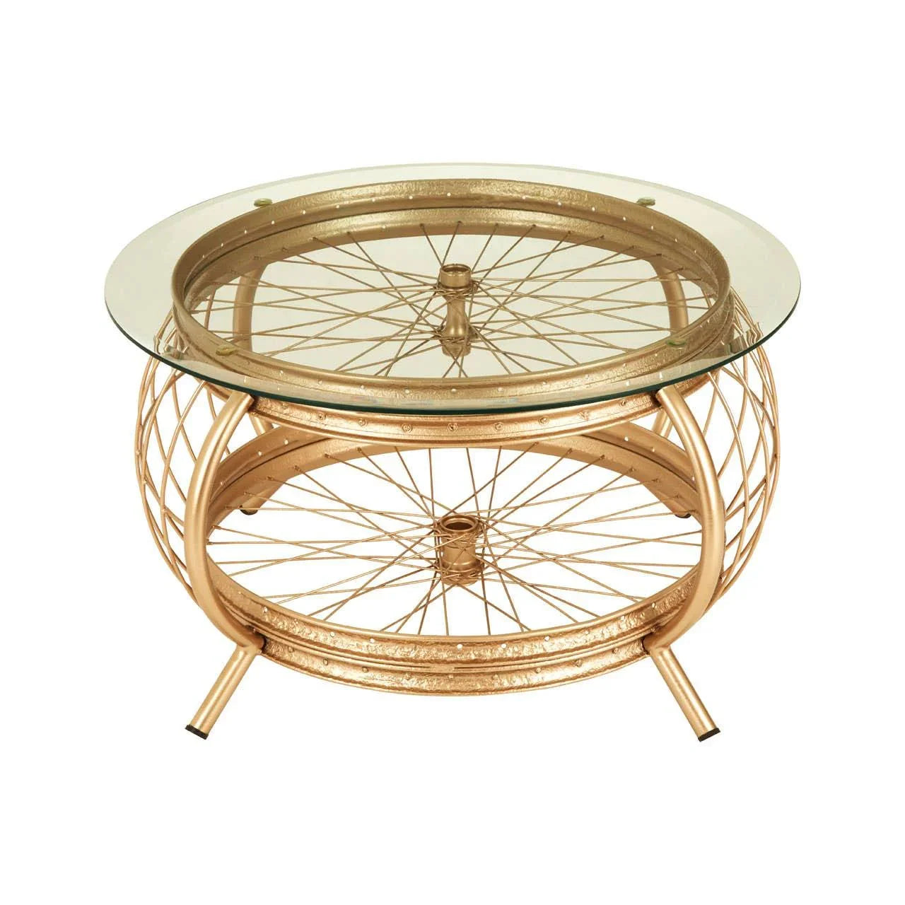 Round glass top coffee table with gold metal bicycle wheel base
