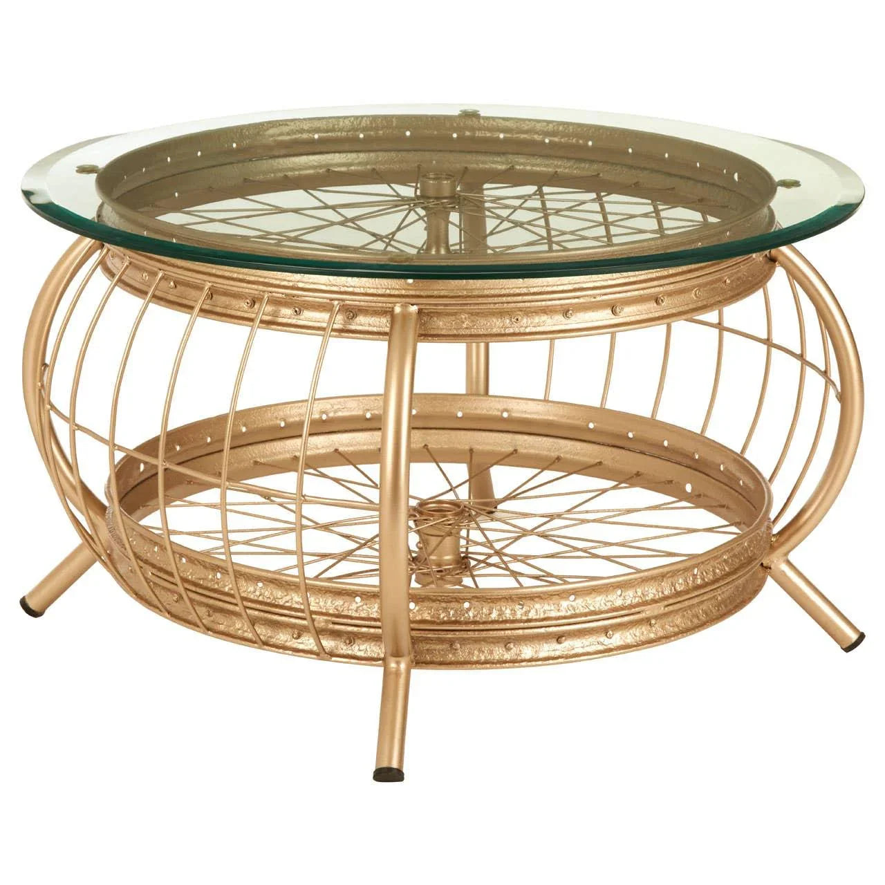 Round gold metal coffee table with glass top and geometric wire base