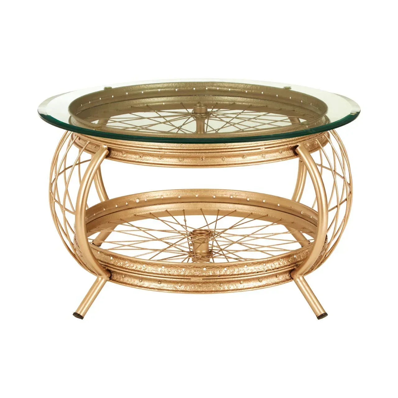 Round gold metal coffee table with glass top and bicycle wheel design