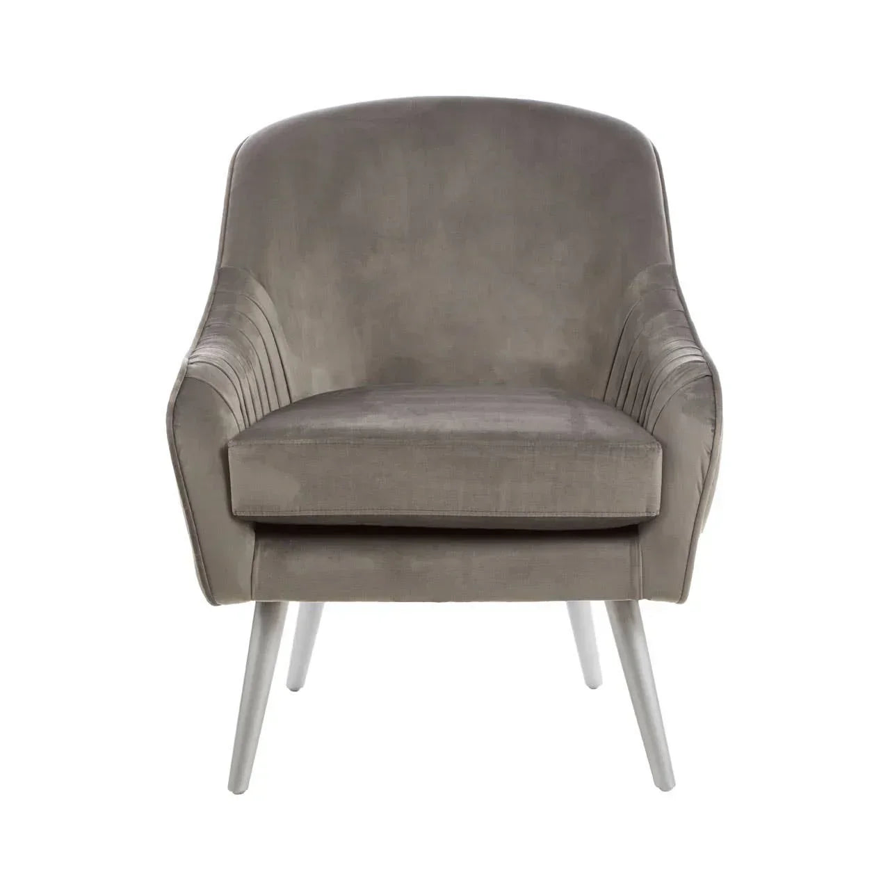 Grey velvet accent chair with padded seat and angled wooden legs, front view