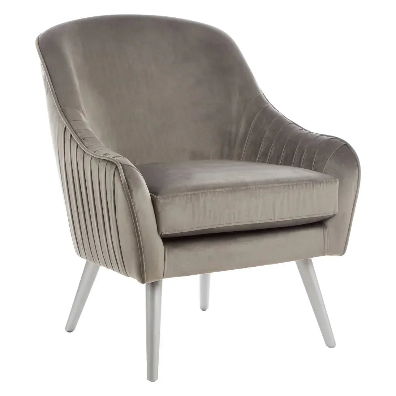 Grey velvet accent chair with curved backrest and tapered legs