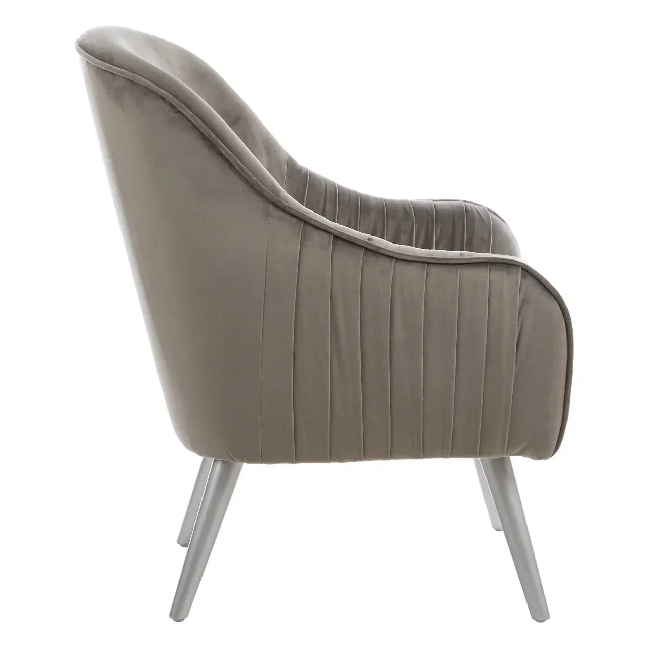 Grey velvet accent chair with vertical stitching and angled metal legs, side profile view