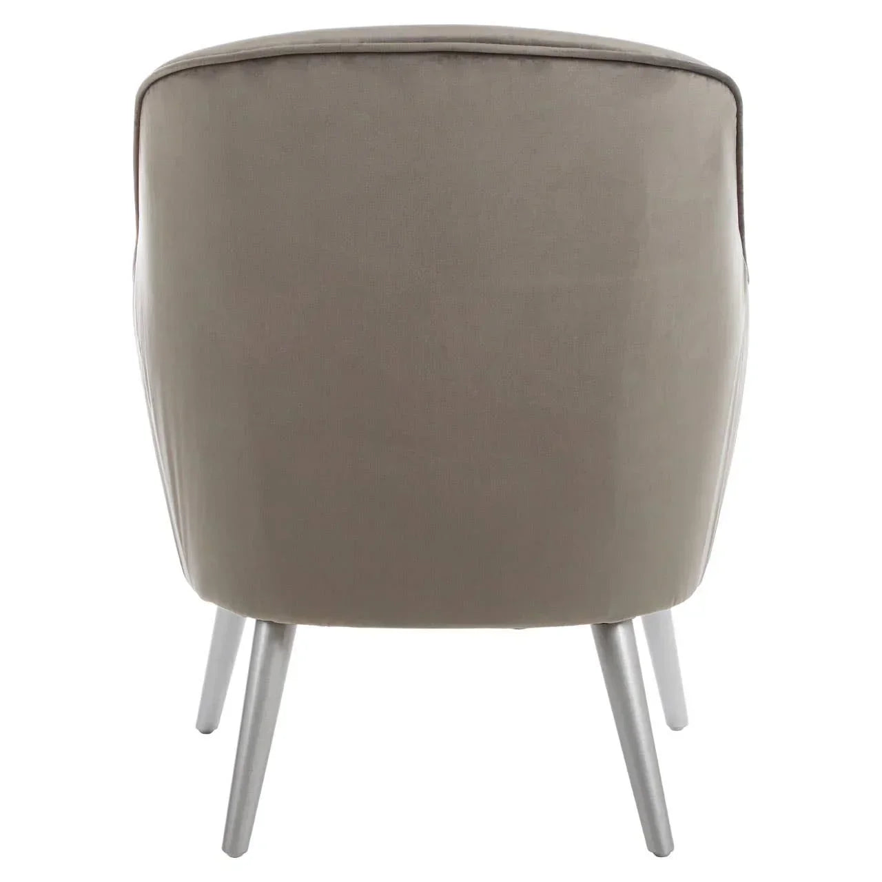 Back view of taupe accent chair with curved upholstery and silver tapered legs