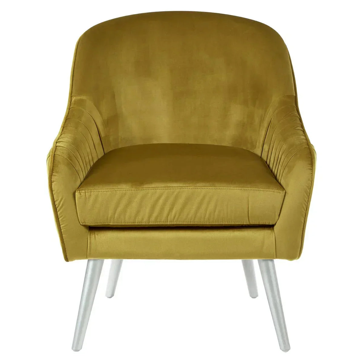 Mustard yellow velvet accent chair with curved backrest and silver angled legs, front view