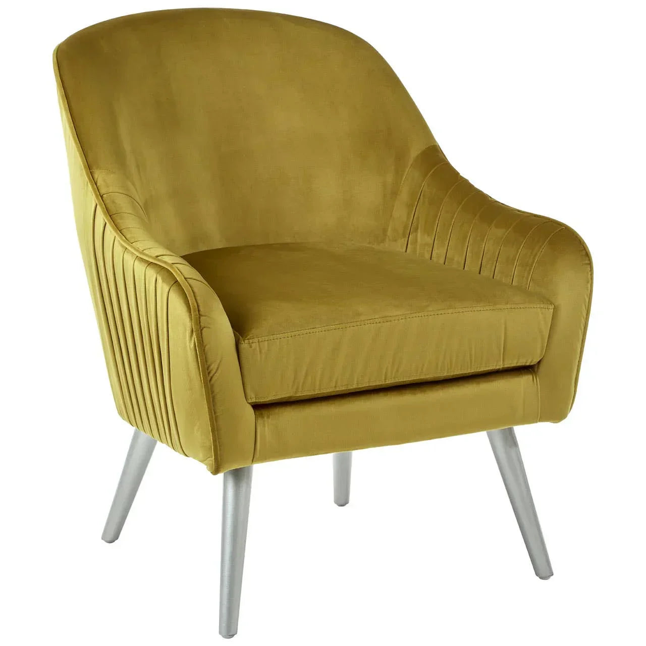 Mustard yellow velvet accent chair with pleated sides and angled chrome legs