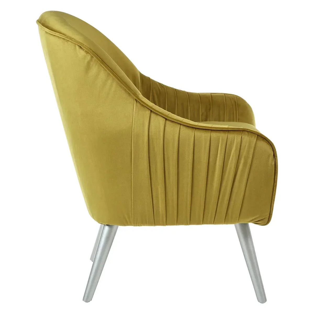 Yellow velvet accent chair with pleated sides and angled silver metal legs, side profile