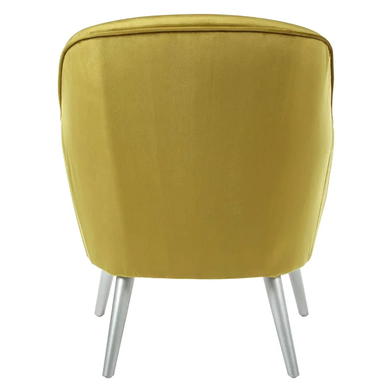 Yellow accent chair with metal legs, rear view