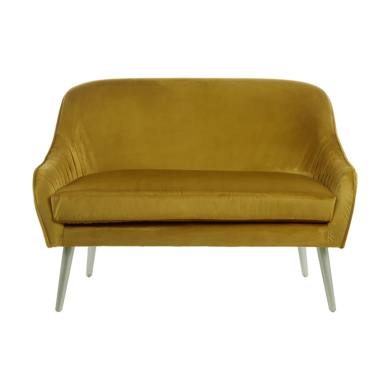 A mustard velvet two-seater sofa with a smooth, plush surface and rounded armrests, supported by sleek, metallic legs. The sofa features a minimalist design, showcasing a contemporary style suitable for various interior decor