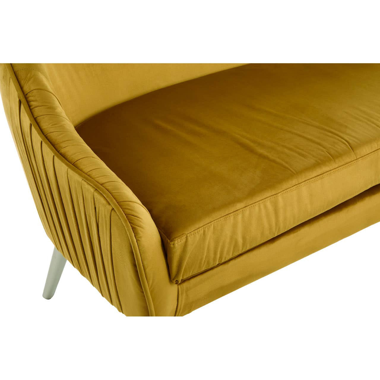 Mustard velvet two-seater sofa featuring a plush seat cushion and elegantly curved backrest with vertical pleating, supported by sleek metal legs