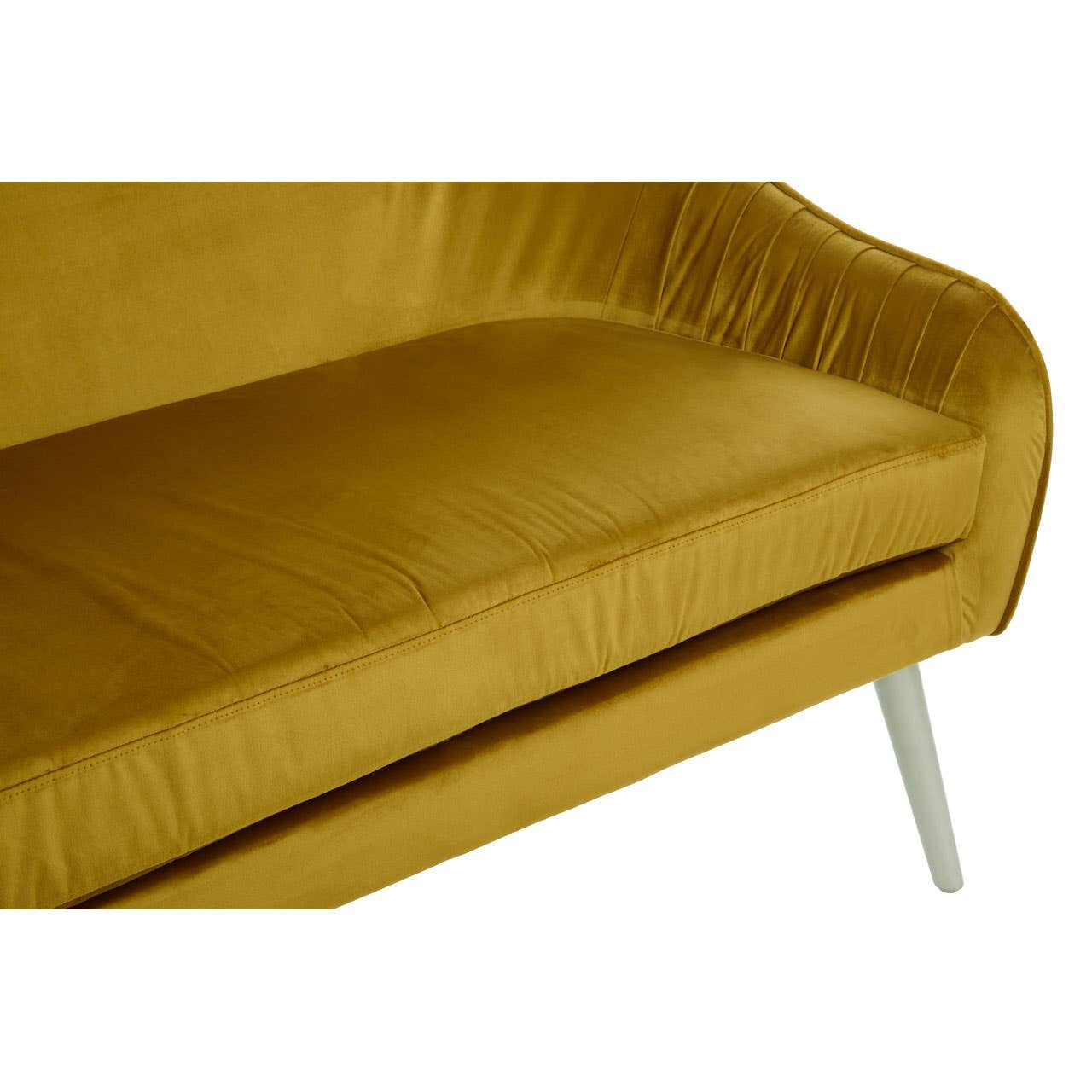 Mustard velvet two-seater sofa with a smooth, plush surface and a sleek design, featuring a low backrest and tapered metal legs. The sofa's fabric has a rich texture, adding a touch of elegance to any living space