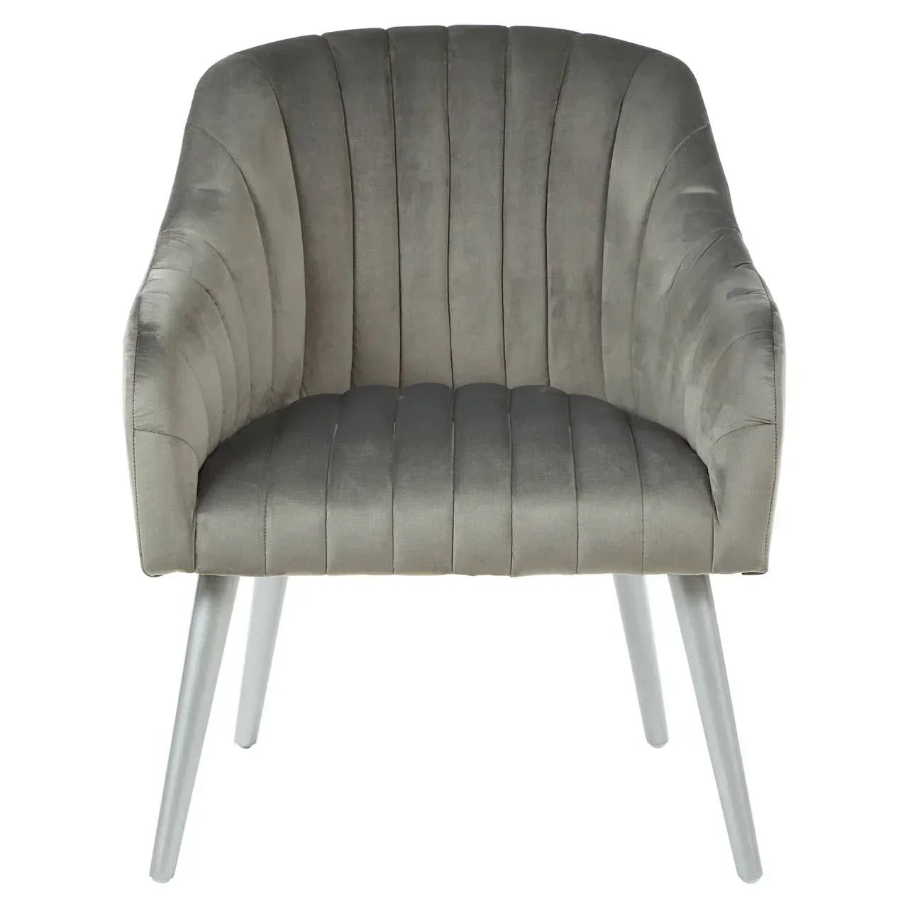Grey velvet accent chair with vertical channel tufting and silver legs, front view