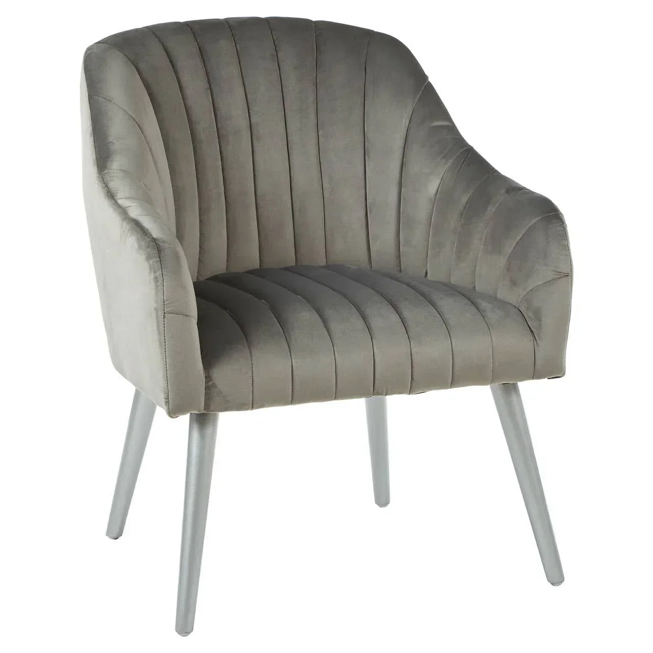Grey velvet accent chair with curved backrest and vertical stitching on angled legs